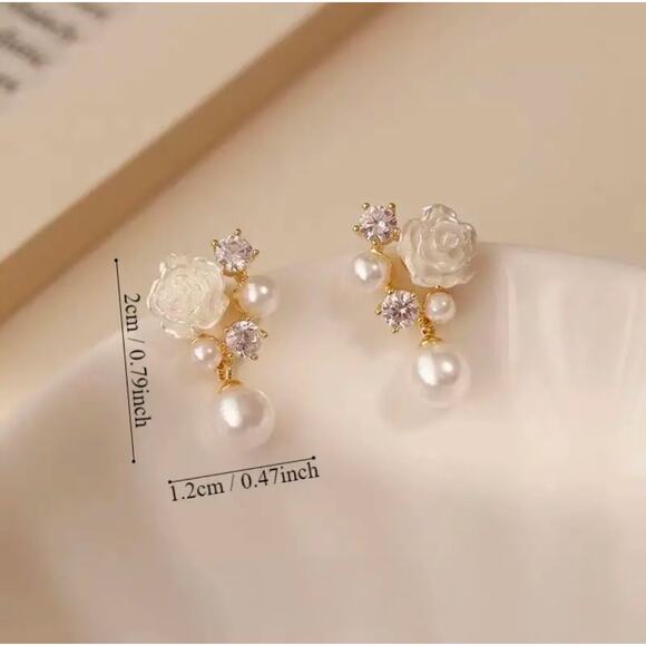 Elegant Floral Pearl Zirconia Stud Earrings, Bouquet Crystal Accent Earrings - Picture 3 of 9